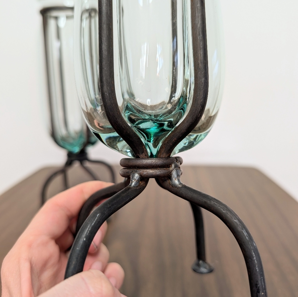 Pair Of Blown Caged Glass & Wrought Iron Metal Footed Vases Industrial Brutalist - Picture 5 of 14